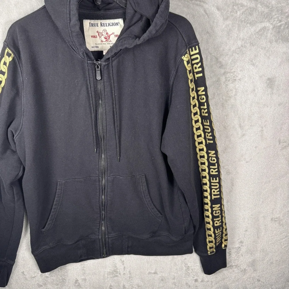 True Religion Hoodie Mens Large Black Full Zip Sweatshirt Gold Chain Sleeve‎
